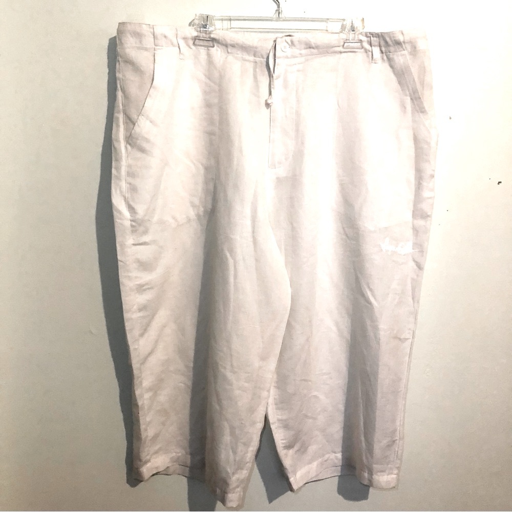 Linen Blend White Wide Leg Capri Pants with drawstring, size XXXL.
